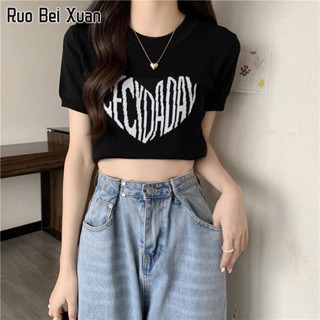 RUO BEI XUAN เสื้อยืดสตรีแฟชั่นเกาหลีทรงสลิม Cropped Knit Top