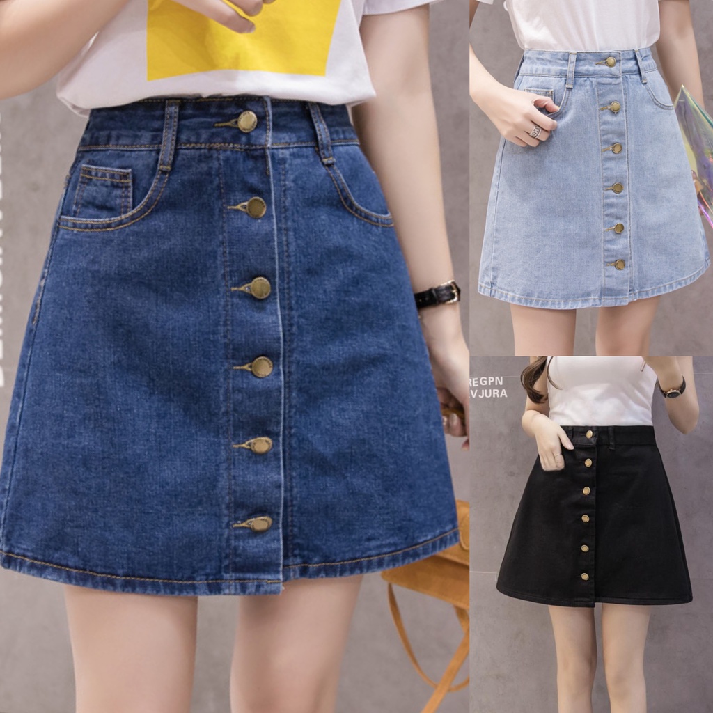 [พร้อมส่ง S-XL] Fineday Jeans. กระโปรงยีนส์ เอวสูง ทรงเอ แต่งกระดุม น่ารัก สดใส ผ้ายีนส์นิ่ม ไม่ยืด ยาว 18 นิ้ว