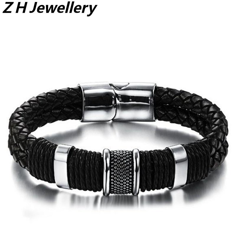 [Z H Jewelry] Hip Hop Rock Retro Mens Fashion Stainless Steel Leather Bracelet Party Jewelry Accessories