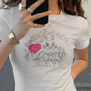 ผ้าฝ้าย 100% เสื้อยืดผ้าฝ้าย 2023 กระต่ายน่ารักการ์ตูนพิมพ์สั้นเสื้อยืด Streetwear ฤดูร้อนใหม่ Slim Y2k Cotton Crop Top