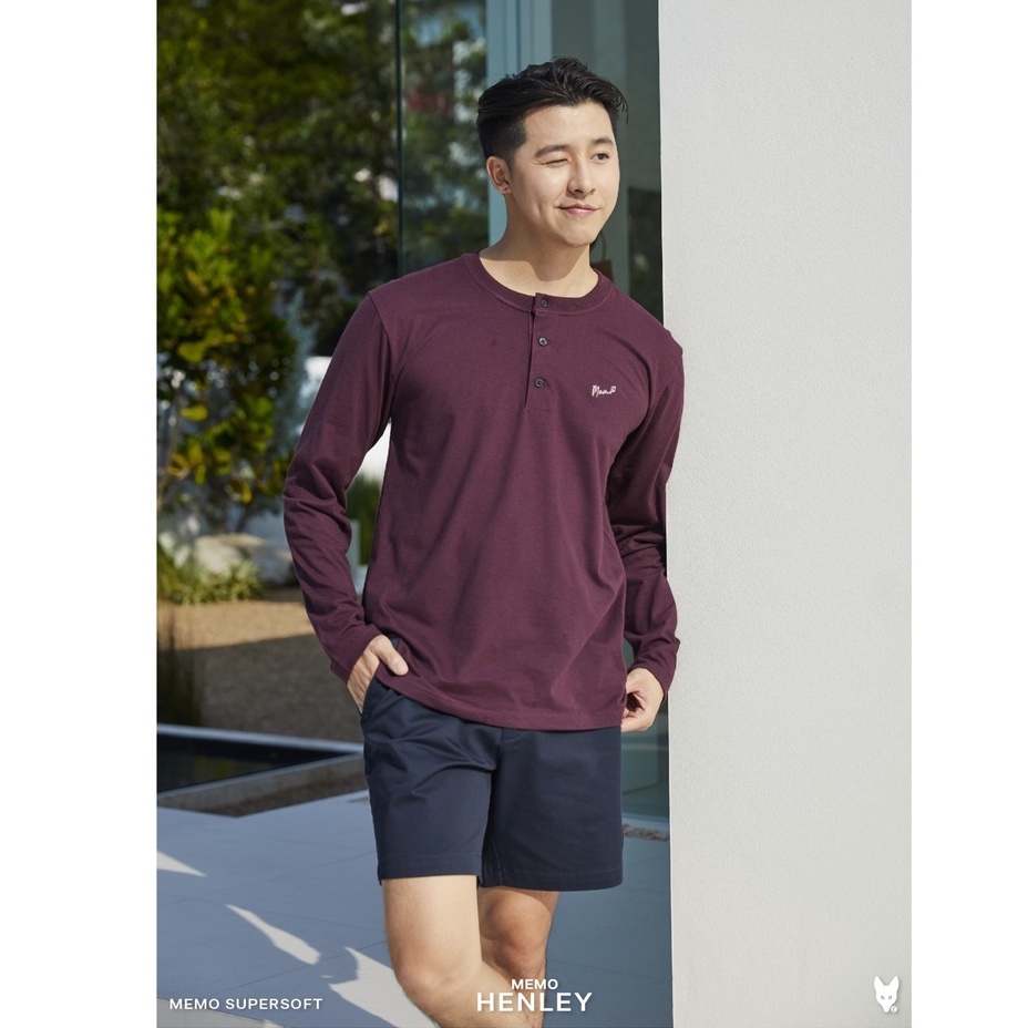 AEIOU แขนยาว Memo Supersoft  ปักเล็ก คอกระดุม รุ่น HENLEY OUTLINE ลิขสิทธิ์แท้