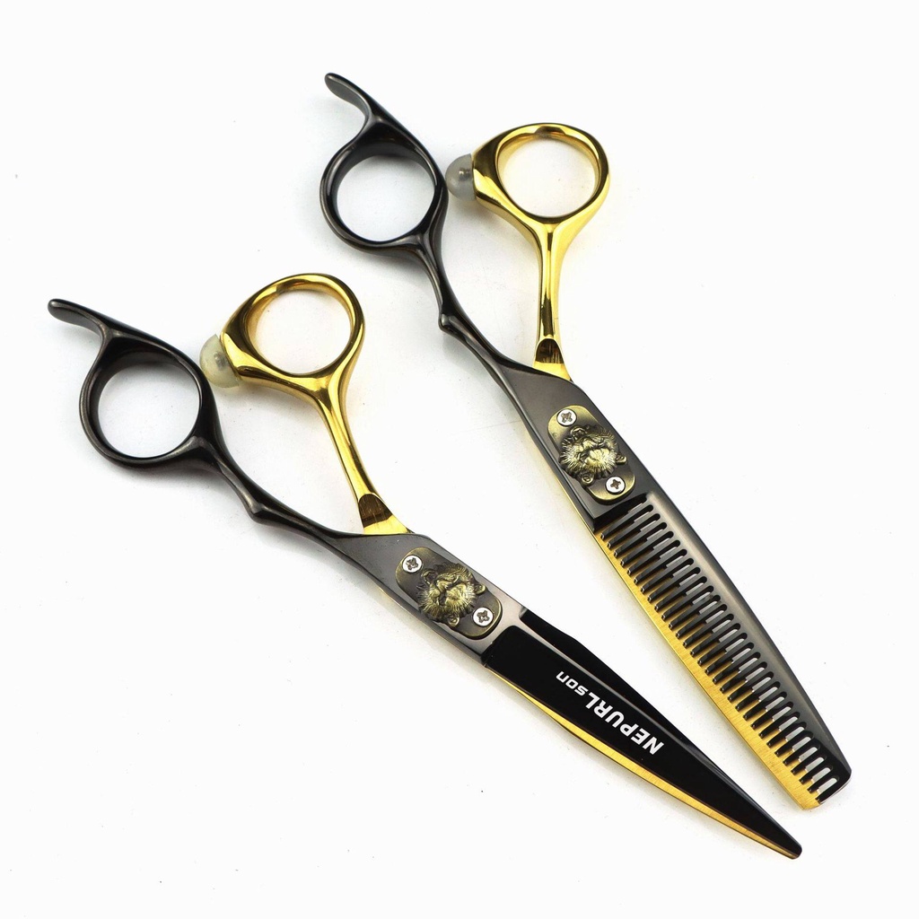 FCG-98 Black Gold Tiger Head 6.0 นิ้ว Hairdressing Straight Shear Thinning Salon