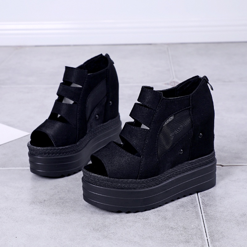 ปากปลาผู้หญิง Wedges รองเท้าแตะ 12 ซม.รองเท้าส้นสูงลาดรองเท้าแตะ Shorty Heighten รองเท้าแตะ