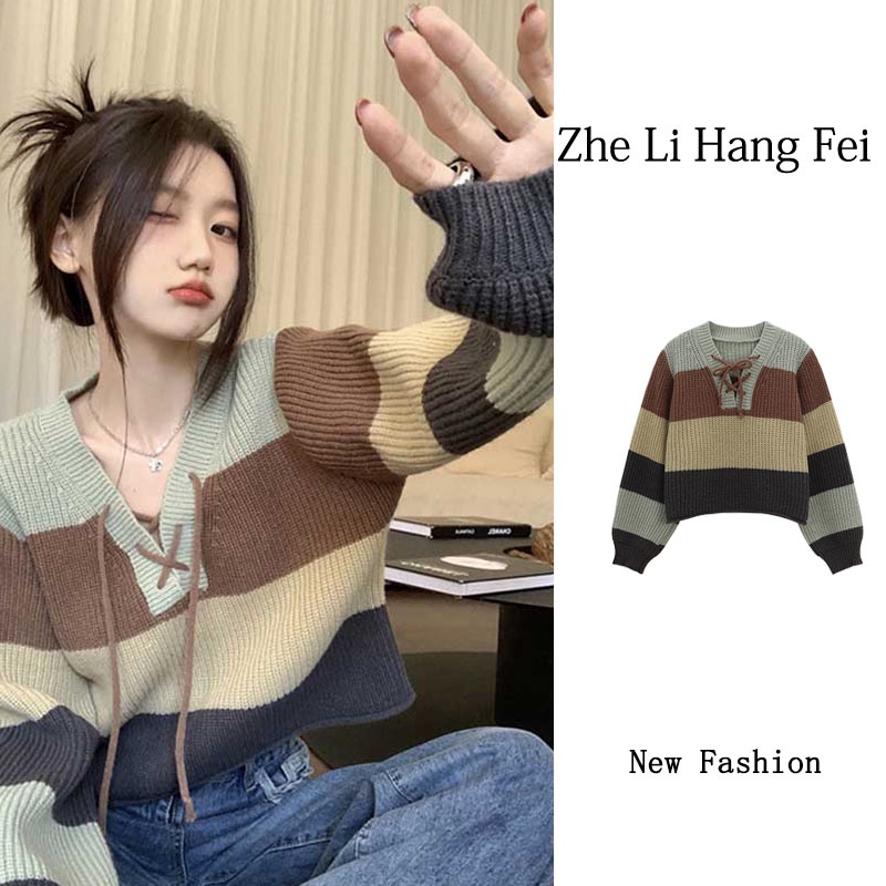 ZHELIHANGFEI เสื้อสเวตเตอร์ลายทางคอวี Laced-Up แขนยาวเอวสูงสไตล์ Preppy All-Match Top