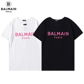 เสื้อยืดแขนสั้น พิมพ์ลายตัวอักษร Balmain สีชมพู แฟชั่นฤดูใบไม้ร่วง สําหรับผู้ชาย และผู้หญิง 2021