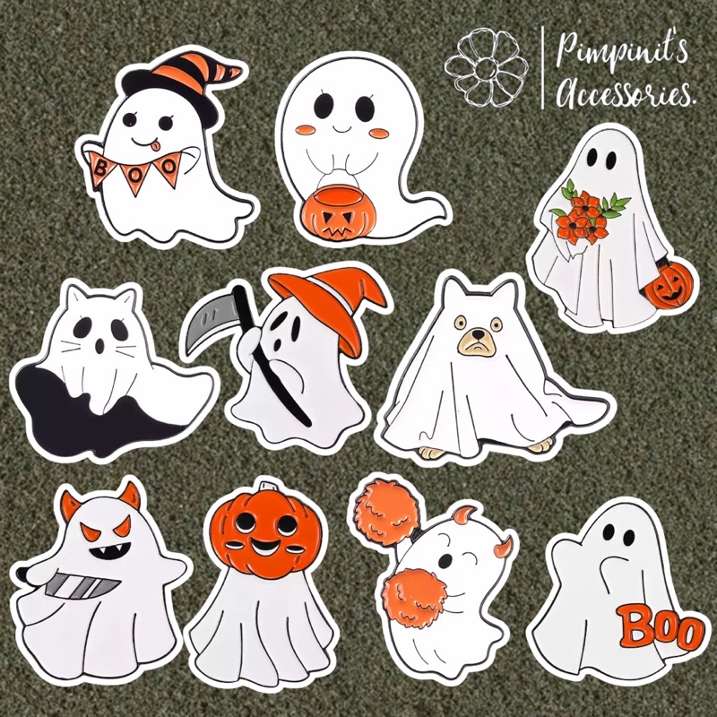 ร้านในไทยพร้อมส่ง : เข็มกลัดเซ็ทผีผ้าคลุมฮาโลวีน | Halloween White Bedsheet Ghost Enamel Brooch Pin Set.
