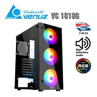 VENUZ ATX Tempered Glass Computer Case VC1818G with Rainbow RGB Fan x 3 – Black