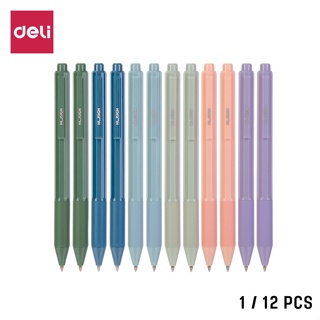 Deli (12 pcs) ปากกาเจล หมึกดำ 0.5 mm แห้งเร็ว ปากกาด้ามจับยางนุ่ม สีดำ ปากกาแบบกด เครื่องเขียน พาสเทล