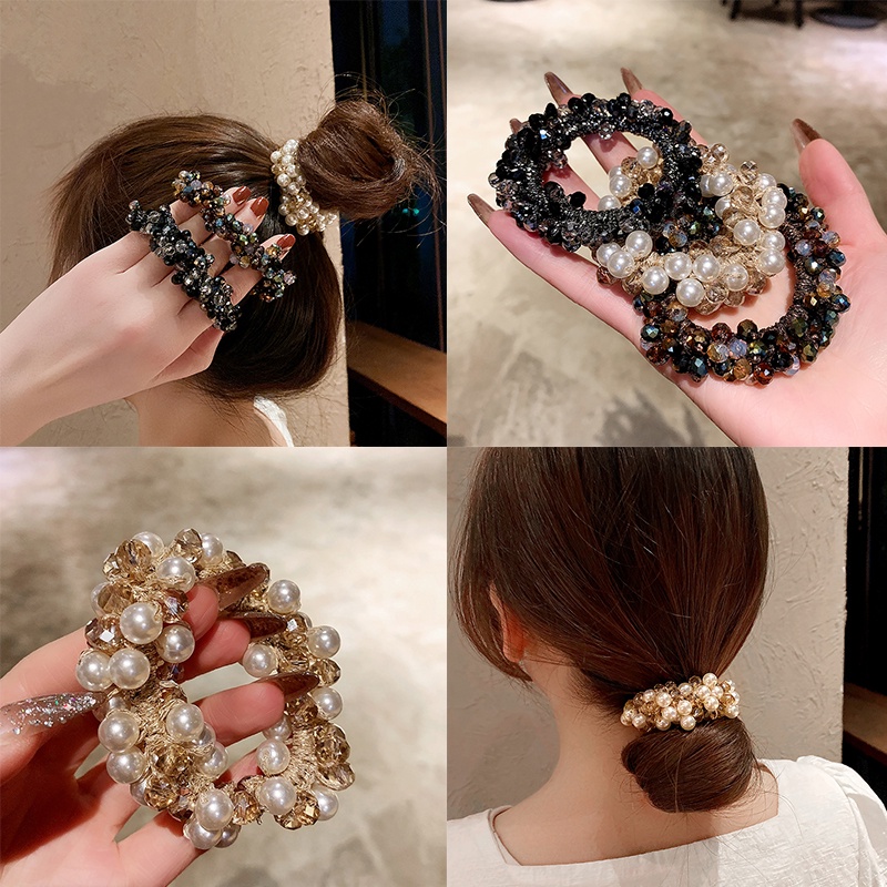 แฟชั่นเกาหลีมุกคริสตัลลูกปัดผูกผมมุกลูกปัด Scrunchie ยางรัดผมยืดหยุ่นสําหรับผู้หญิง