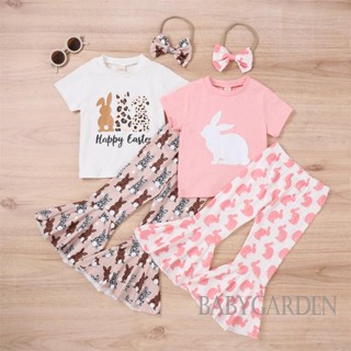 Babygarden- ชุดเสื้อยืดแขนสั้น และกางเกงขาบาน พิมพ์ลายกระต่าย และโบว์ ที่คาดผม สําหรับเด็กผู้หญิง อายุ 1-6 ปี