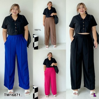 J16871 เซท 2 ชิ้น #Bigsize เสื้อปกเชิ้ทครอป + กางเกงขายาว Set of 2 pieces #Bigsize. Cropped shirt + long pants.