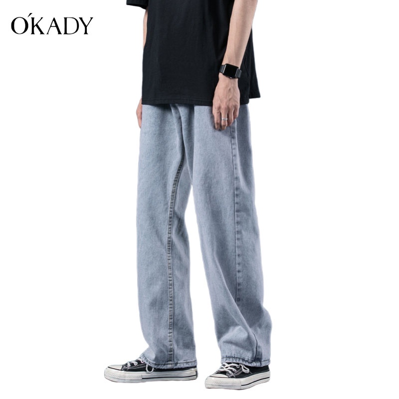 PannoFluxus มีสินค้า กางเกงยีนส์ผู้ชายแฟชั่นเกาหลีทรงหลวมสีทึบ