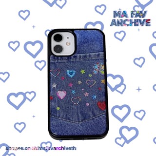 (พร้อมส่งจากไทย) mafavarchive - Jeans epoxy case เคสมือถือคลุมรอบเครื่อง ขอบยางดำ ลายยีนส์ ติดกากเพชรหัวใจ