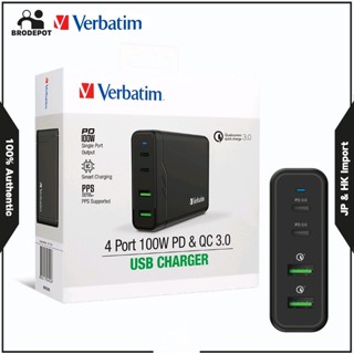 Verbatim 4 Port 100W PD &amp; QC 3.0 USB Charger (AC Power Cord) 2 USB-A 2 Type-C Charger 66402