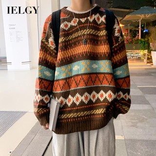 Ielgy เสื้อกันหนาว คอกลม ผ้าขนสัตว์ ทรงหลวม สไตล์เกาหลี สําหรับผู้ชาย