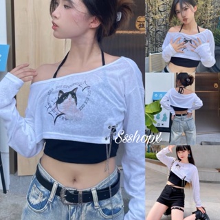 【พร้อมส่ง🇹🇭】Ssshopx เสื้อครอปแฟชั่น ครอปสายเดี่ยว set 2 ชิ้นสายเดี่ยวคล้องคอ+แขนยาวน้องแมวน่ารัก เซ็กซี่ๆ เสื้อผ้าแฟชั่น