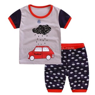 S-PJB-008-stb ชุดนอนเด็กแขนสั้น ขาสั้น สีเทา ลายรถ