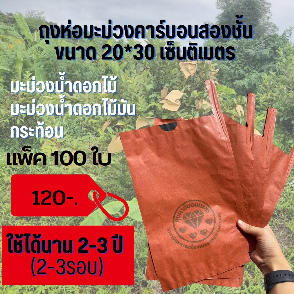 ถุงห่อมะม่วง ตราคาร์บอนเพชร มีลวดในตัว ขนาด 20x30 ซม 100 ใบ 120 บาท รุ่นสีแดง
