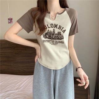 Bonnie(พร้อมส่ง/ใหม่)#56333 เสื้อยืดผู้หญิงแขนสั้นฤดูร้อนเก๋ขนาดเล็กสไตล์ฝรั่งเศสคอวีเข้ารูปสลิม