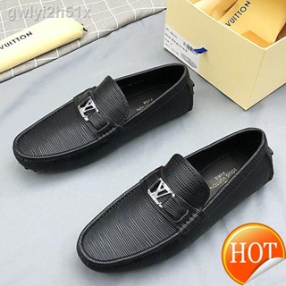 △™【Free Shipping】CowhideLV2020 Trendy leather shoes embossed soft-soled beanie shoes one-legged lazy shoes ultralight sh