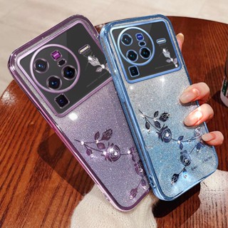 เคสซิลิโคน TPU นิ่ม แบบใส ปิดด้านหลัง ลายดอกกุหลาบ ประดับเพชรเทียม วิบวับ แฟชั่น สําหรับ Vivo X80 Pro / X80 5G