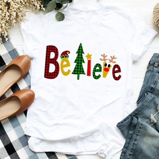 Christmas Deer Plaid Believe T Shirt Women Short Sleeve O Neck Tshirt Women Tee Shirt Tops Mujerเสื้อยืดผู้หญิง