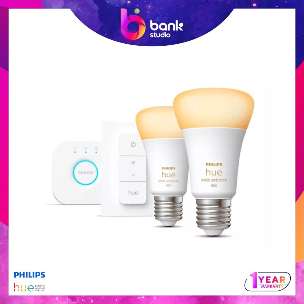 (ประกันศูนย์ 1ปี) ชุดหลอดไฟ Philips Hue White Ambiance starter kit E27 - 2Bulbs + Dimmer V.2 + Bridg