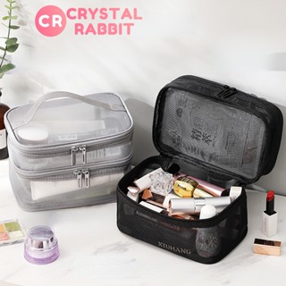 CRYSTAL RABBIT 2 ชั้น กระเป๋าเครื่องสำอาง แบบพกพา ตาข่ายที่เก็บกระเป๋า กันน้ำได้