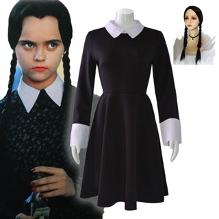 Wednesday Addams Cosplay Costume Wednesday Dress เครื่องแต่งกายคอสเพลย์ วิกผมแฟนซี สีดํา สําหรับผู้ใหญ่ วันพุธ ปาร์ตี้ฮาโลวีน