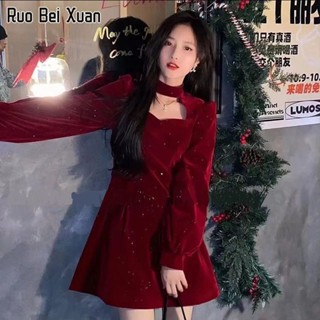 RUO BEI XUAN เดรสผู้หญิง เดรสทรงเอ สีแดงหรูหรา ปีใหม่ สีแดง