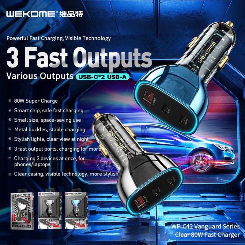 80W!!! WK VANGUARD WP-C42 Vanguard Series 80W USB + 2 Type-C ที่ชาร์จแบตในรถพร้อมเคสใส