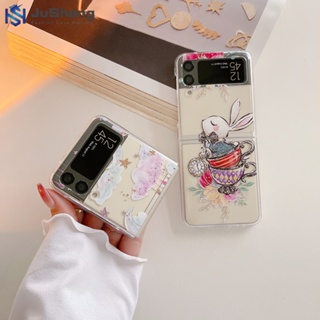 Jusheng เคสโทรศัพท์มือถือ ลายกระต่าย ดวงจันทร์ แฟชั่น สําหรับ Samsung Z Flip4 Z Flip3