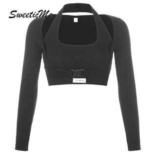 Sweeticme ใหม่ เสื้อยืดลําลอง แขนยาว เข้ารูป สีพื้น แฟชั่นสําหรับสตรี 2022