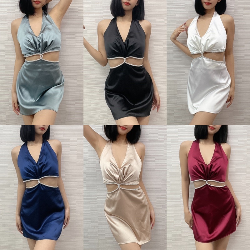 Ey_shop688#พร้อมส่ง 523#ชุดเดรสชคล้องคอโชว์หลังเเต่งสายเพชรวิ้งๆรอบชว่งเอว#เดรสผ้าชาตินคอวี