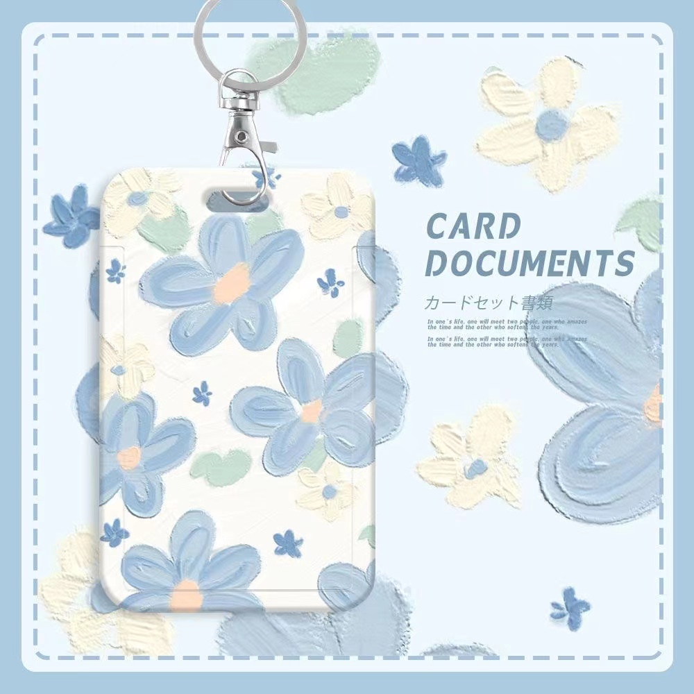 กระเป๋าใส่นามบัตร บัตรรถบัส ลายภาพวาดสีน้ํามัน รูปดอกไม้ สีฟ้า สําหรับนักเรียน โรงอาหาร บัตรประจําตัวประชาชน