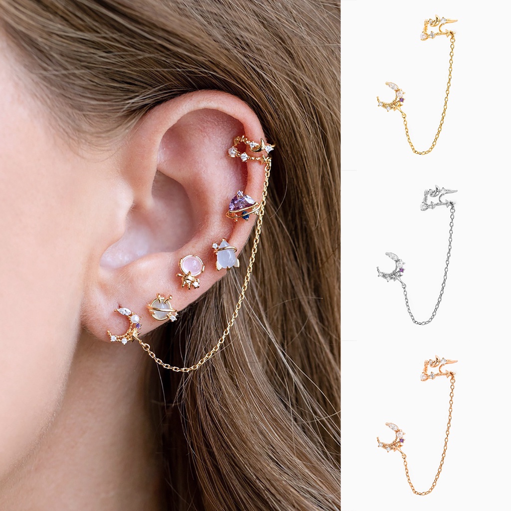 เครื่องประดับ ต่างหูโลหะ เงินแท้ S925 จี้รูปดวงจันทร์ และดาว ประดับพู่คู่ แฟชั่นสําหรับผู้หญิง