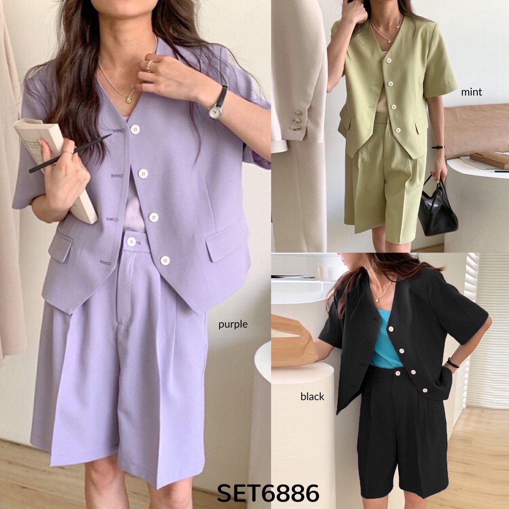 SET6886 Posh Blazer with Midi Long Shorts Set