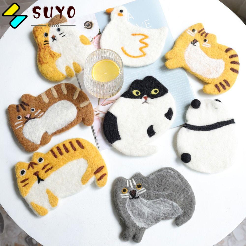 Suyo แผ่นรองแก้วกาแฟ ฉนวนกันความร้อน ลายการ์ตูนแมว แฮนด์เมด