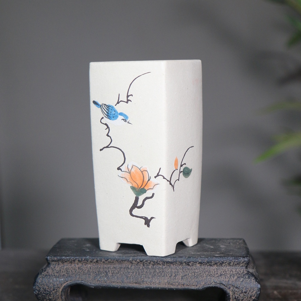 Yixingทรายสีม่วงกระถางดอกไม้ [Huayun] สแควร์หลอดลายเซ็นบอนไซหม้อโคลนภาพวาดมือวาดที่มีชื่อเสียง Maste