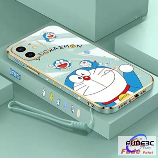 Case เคสไอโฟน11 12 Pro MAX X XS XR XSMAX 6 6s 7 8 SE2020 7P 8 PLUS Cartoon Flying Doraemon Square เคสซิลิโคน plating Case with Lanyard Protective Case