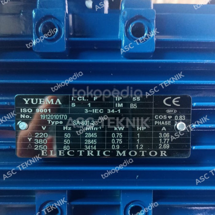 มอเตอร์ไฟฟ้า YUEMA SA 2P 1HP 0.75KW 3PHASE B5 หน้าแปลน ของแท้