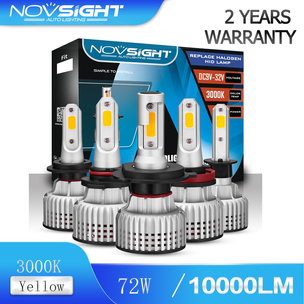Novsight อัพเกรด N12Y 9005 9006 H4 H11 H3 H7 H1 ไฟหน้ารถ LED 72W 10000LM 3000K ไฟสีเหลืองทองการออกแบ