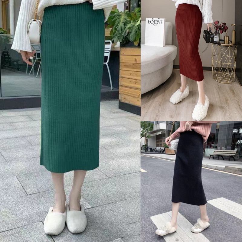 โกดัง KD24 กระโปรงยาว สีพื้น ไหมพรมร่อง 6 สี ขอบหนาเอวยางยืด
