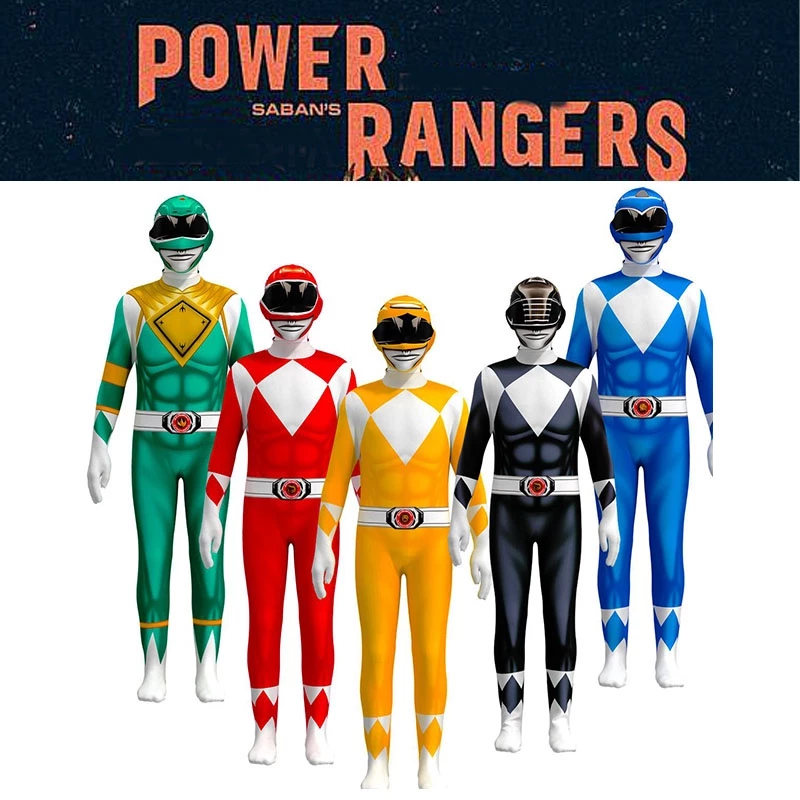 Power Rangers เครื่องแต่งกายเด็กผู้ใหญ่คอสเพลย์ชุดแฟนซีปาร์ตี้ Jumpsuit Superhero