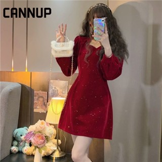 CANNUP ชุดสีแดง ชุดคริสต์มาส แขนยาว กระโปรงสั้น Dresses SA221044