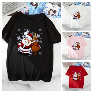 เสื้อยืดแขนสั้น เสื้อยืดผู้หญิง。 เอ็มerry Christmas T shirt คริสต์มาสซานตาคลอสกวางสีเสื้อยืดชายหญิงคู่แขนสั้น