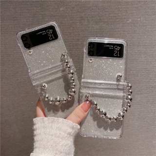 เคสโทรศัพท์มือถือ PC แข็ง แบบใส กันกระแทก ลายกลิตเตอร์ สีเงิน สําหรับ Samsung Galaxy Z Flip 4 5G 3in1 Z Flip 3