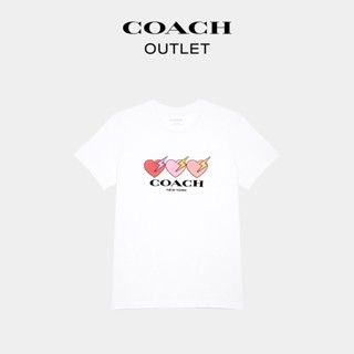 Coach Ole เสื้อยืดแขนสั้น ผ้าฝ้าย พิมพ์ลายหัวใจ ใส่สบาย สําหรับผู้หญิง