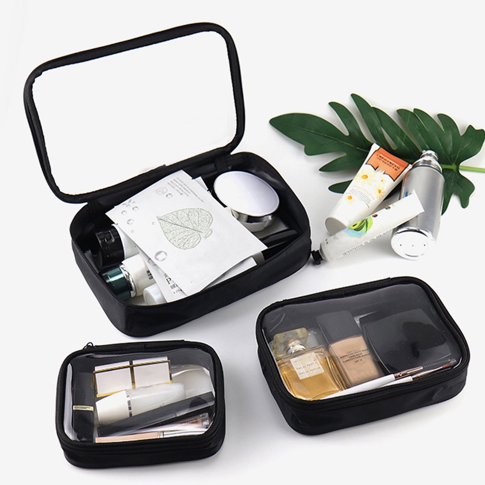 กระเป๋าเครื่องสําอาง แบบใส กันน้ํา อเนกประสงค์ แบบพกพา สีดํา สําหรับผู้หญิง