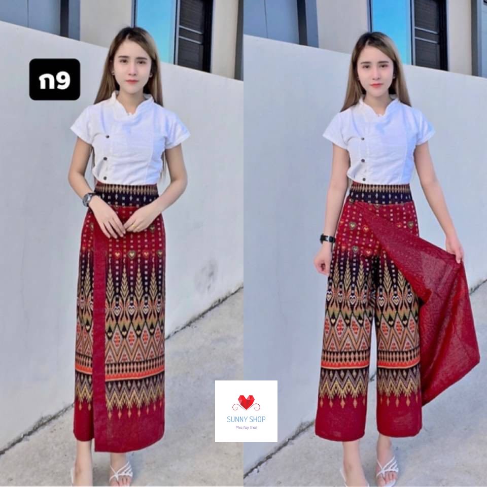กระโปรงกางเกงผ้าไทยลายสวย ใส่สบาย สำหรับไซส์กลาง | ผ้าถุงสำเร็จรูปชุดทำบุญ